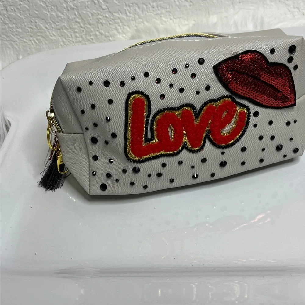 Stylish Grey, Black & Red Crystal Embellished Makeup bag